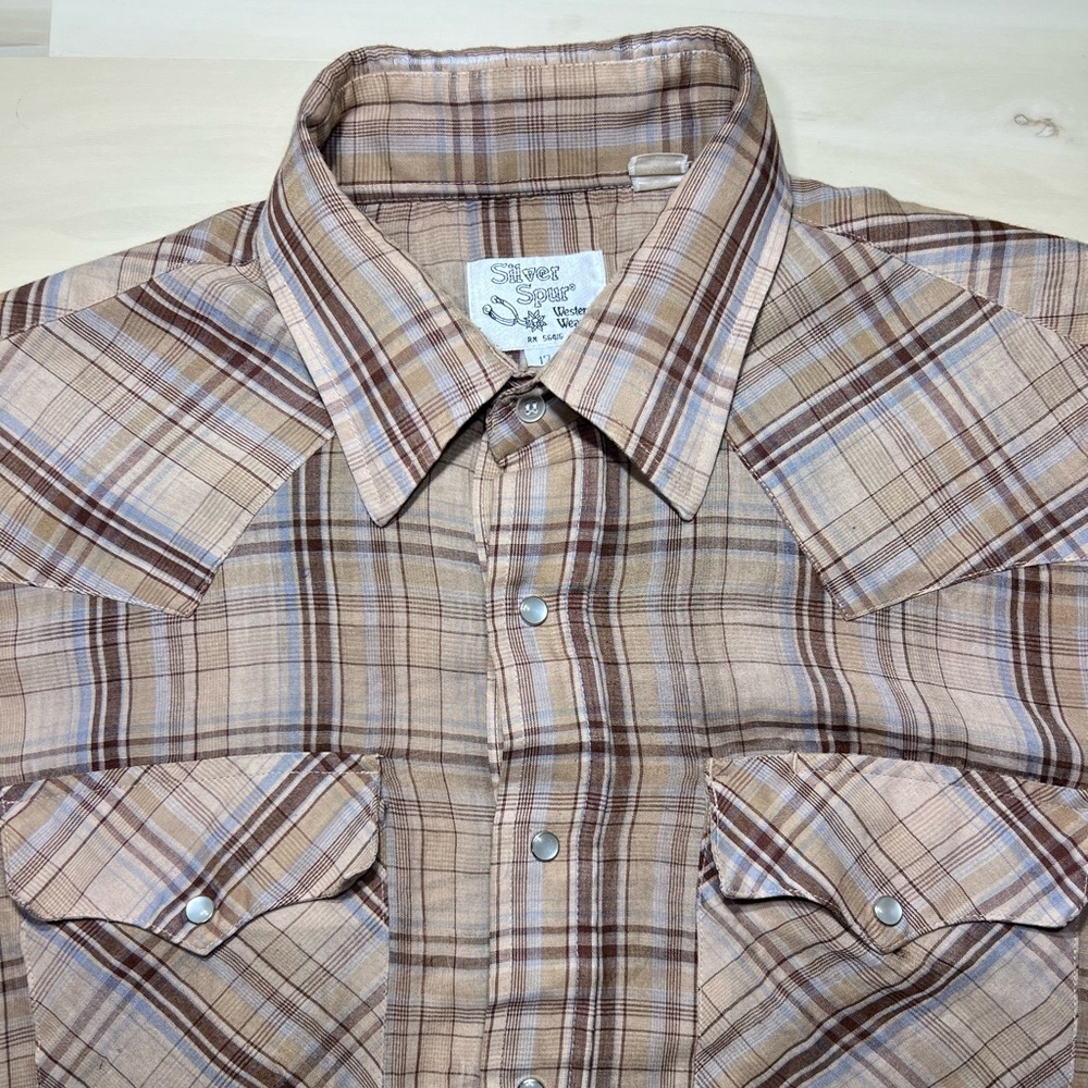 Vtg Silver Spur S/S Western Pearl Snap Shirt Sz 17 Tan, Cream, Blue Stripe Plaid